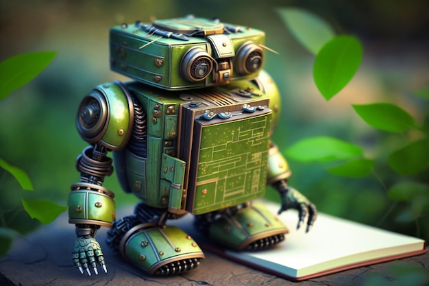 A charming AI robot with a green hue interacts with a notebook exemplifying the adaptability and intelligence of modern robotics