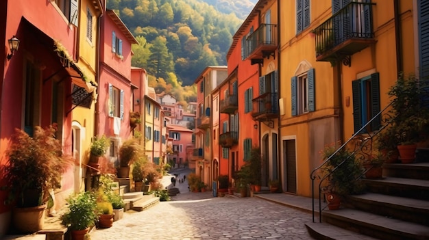Очаровательный переулок. Яркий снимок красочных зданий и лестниц в панорамном пейзаже.
