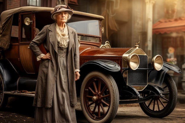 Charming American old woman car 1920 year Pretty female Generate Ai