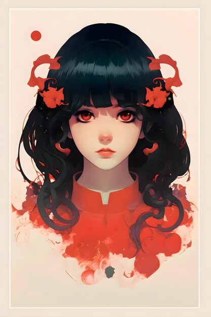 Photo charming anime girl epic minimalistic poster original anime girl red black and white colors