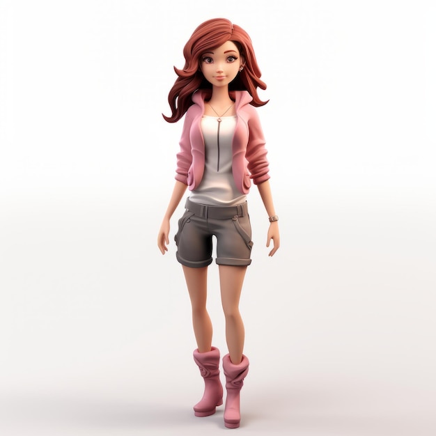 Очаровательная модель в стиле аниме молодой женщины в шортах и розовом пиджаке
