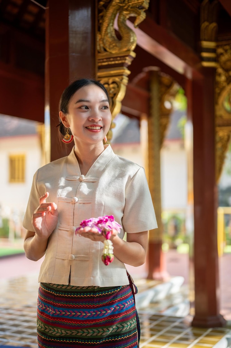 Photo 伝統的なタイの服を着た魅力的なアジア系タイ人女性が寺院で功績を挙げています