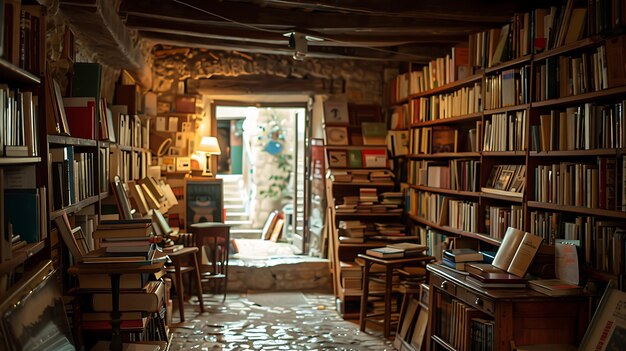 A charming and atmospheric image of a vintage bookstore