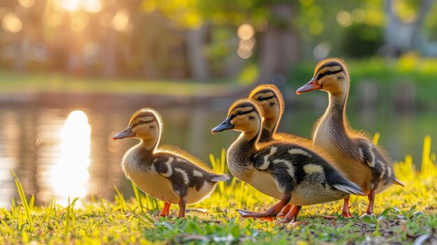 Charming baby ducklings gleefully exploring a sparkling pond in a playful and curious manner