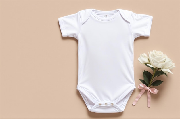 Charming Baby Essentials A snapshot of a white baby onesie against a warm beige background