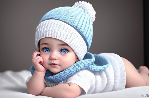 Charming baby with big blue eyes in knitted hat Generative AI