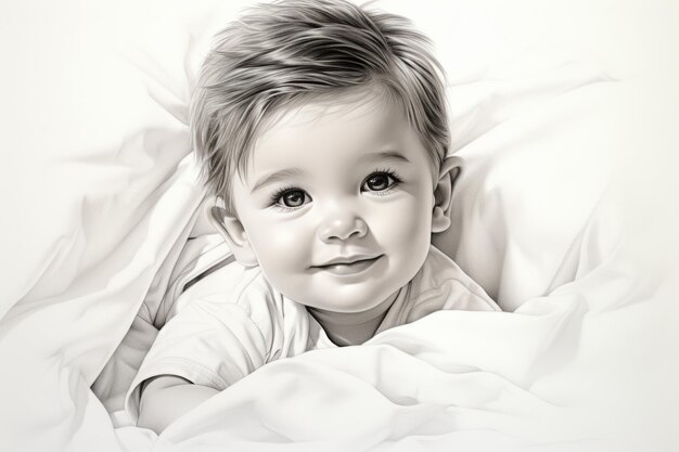 Очаровательный ребенок с очаровательной улыбкой рисует карандашом на белой бумаге яркого тонирования