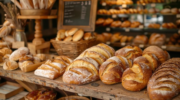 Charming bakery display filled with rustic bread and pastries tempting passersby