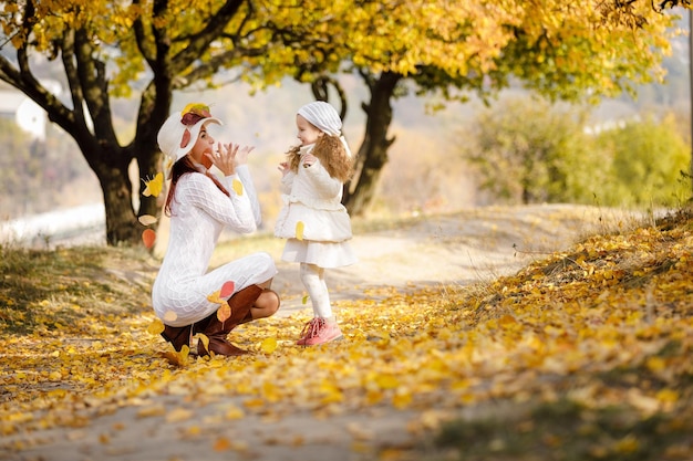 Charming beautiful mother walks with little daughter girl