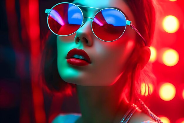 Photo charming beautiful young woman in glasses advertising poster neon background