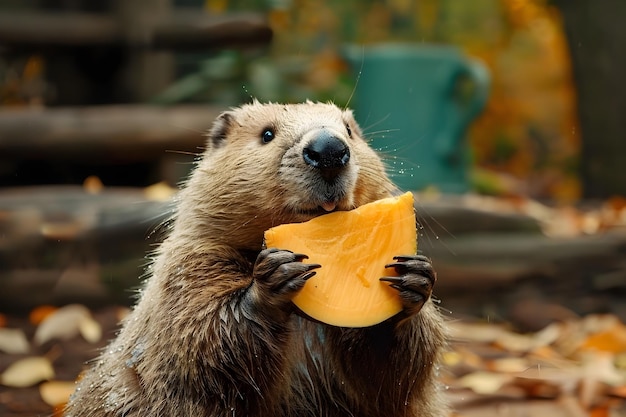 Photo charming beaver chewing on piece of wood in autumnal forest habitat