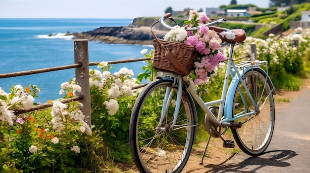 A charming bicycle ride along a scenic coastal path with the azure ocean stretching out on one side and vibrant blooming flowers adorning the other