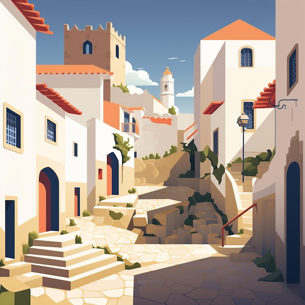 Charming bidos Cobbled Streets and Medieval Castle Walls Illustration