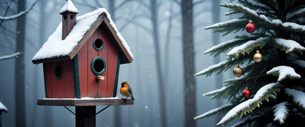 雪 の 中 に ある 魅力 的 な 鳥 の 家