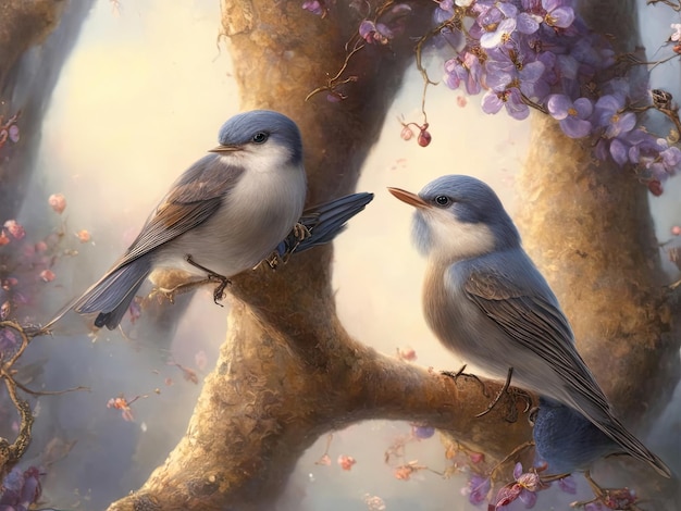 Charming birds in the tree ai generative