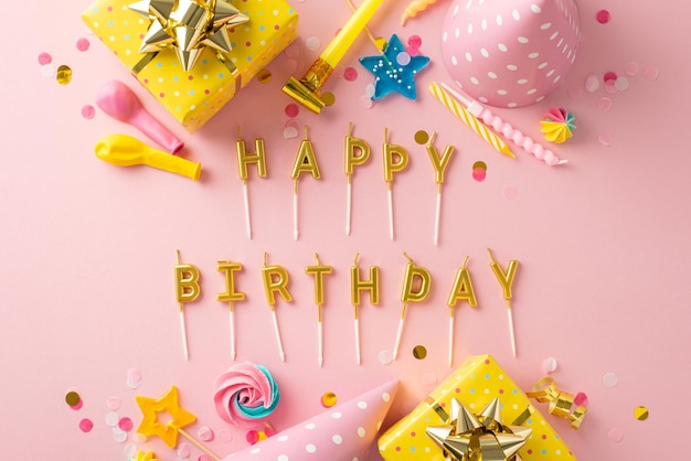 charming birthday arrangement inspiration topview joyful party decor wrapped presents letter candles spelling happy birthday on pastel pink backdrop ideal for personalized messages