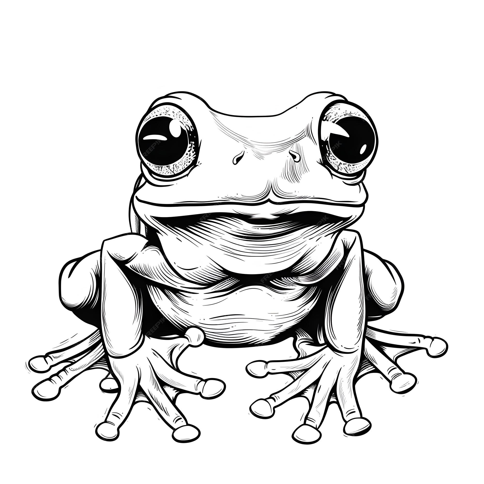 Charming Black and White Cartoon Tree Frog Portrait on Clean Background
