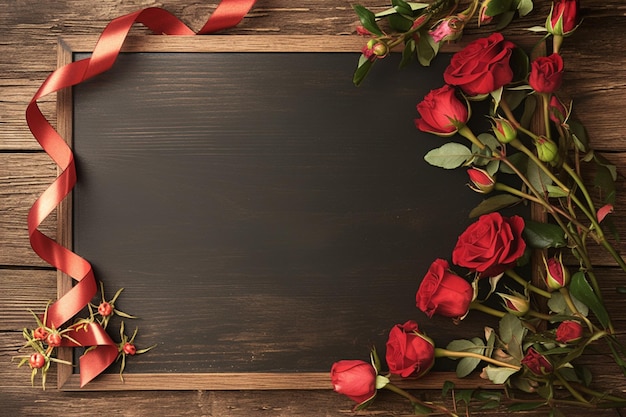 Charming blackboard adorned with red roses and heart shaped ribbon