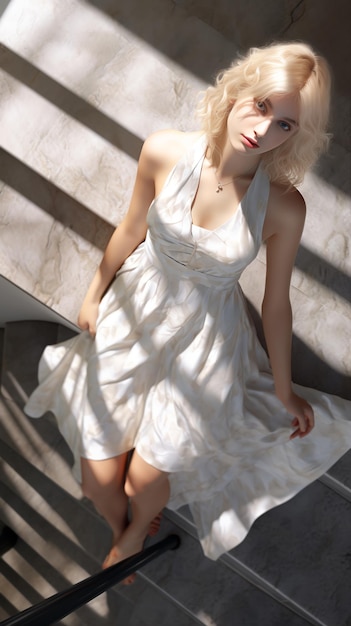 a charming blonde girl in a white dress