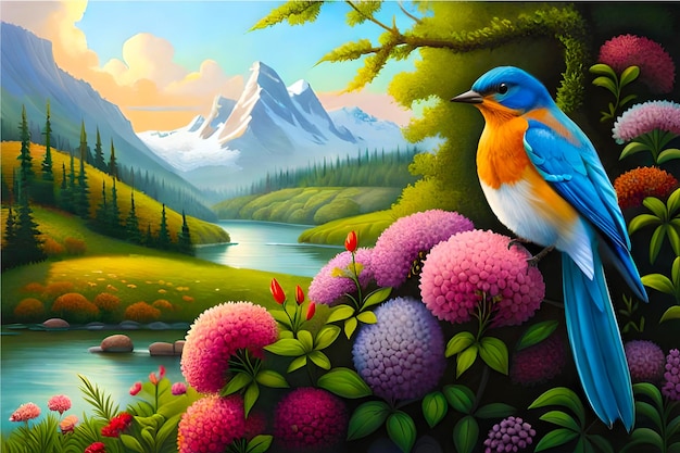 Charming bluebird with vibrant plumage perched on a blooming flower