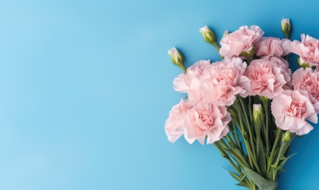 Charming bouquet of pink and purple carnations against a serene blue background AI Generative