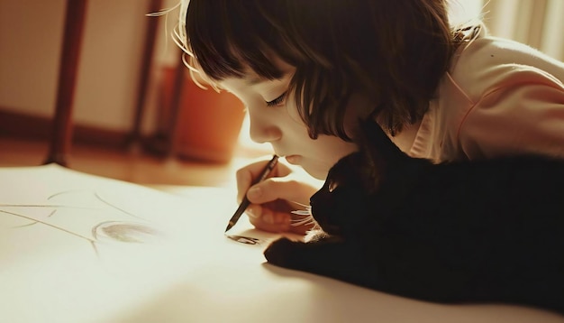 A charming boy is drawing and a cat is lying next to him