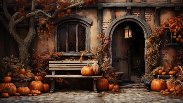 가을 색상과 할로윈을 갖춘 매력적인 벽돌 빈티지 코티지
