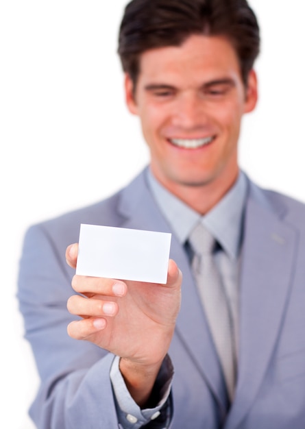 Charming businessman holding a white card 