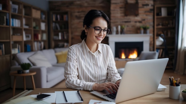 Charming businesswoman in glasses and striped shirt working with laptop computer while siting at ho