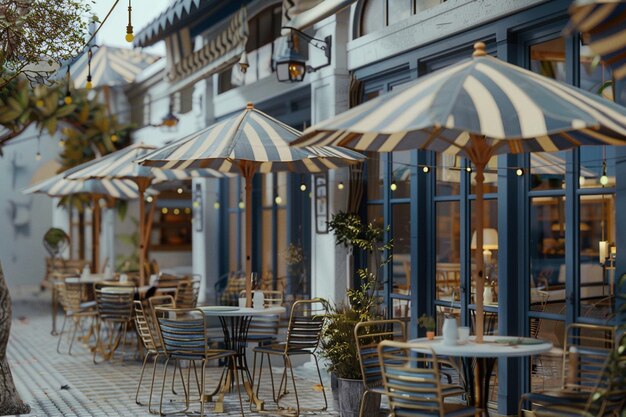 Photo a charming cafe with outdoor seating under striped