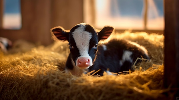 A charming calf calf is lying on the straw in the stable at farm Generative AI