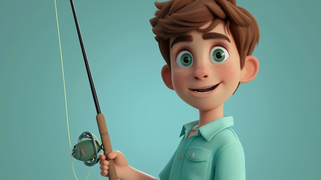 Foto un affascinante ragazzo dei cartoni animati con un sorriso cattivo che tiene una canna da pesca e indossa una camicia verde schiuma marina questa adorabile illustrazione 3d cattura la gioia e l'eccitazione di un bambino