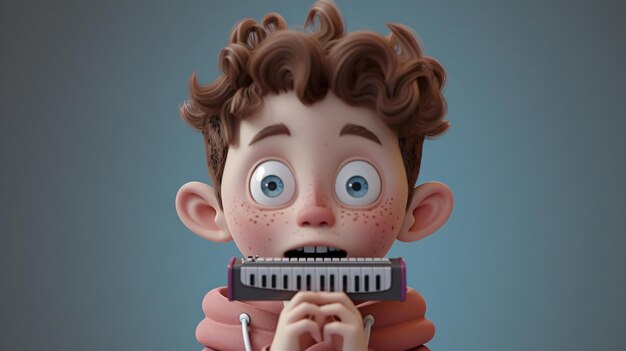 A charming cartoon boy with a mischievous smile showcases his musical talent by playing a harmonica hidden beneath his dusty rose hoodie This 3D headshot illustration is bursting with vib