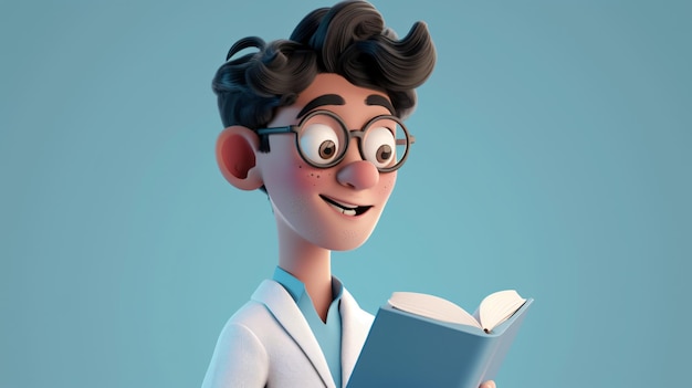 Photo a charming cartoon character with a book in hand dressed in a stylish almond white coat this 3d headshot illustration exudes intelligence and sophistication perfect for representing schol