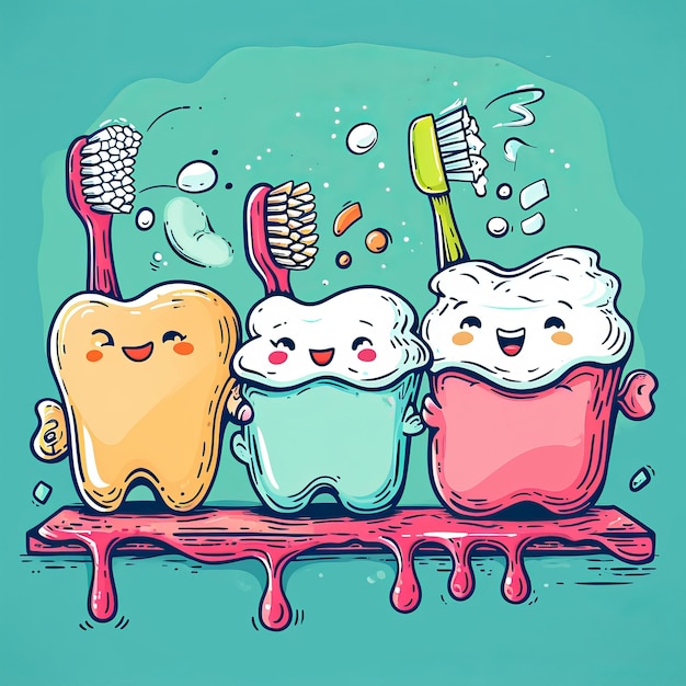 A charming cartoon depiction of dental care showcasing smiling teeth characters alongside toothpaste