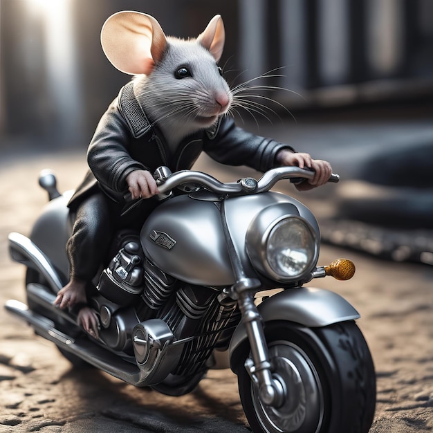 A charming cartoon illustration of a cute mouse enjoying a motorcycle ride embodying a playful and