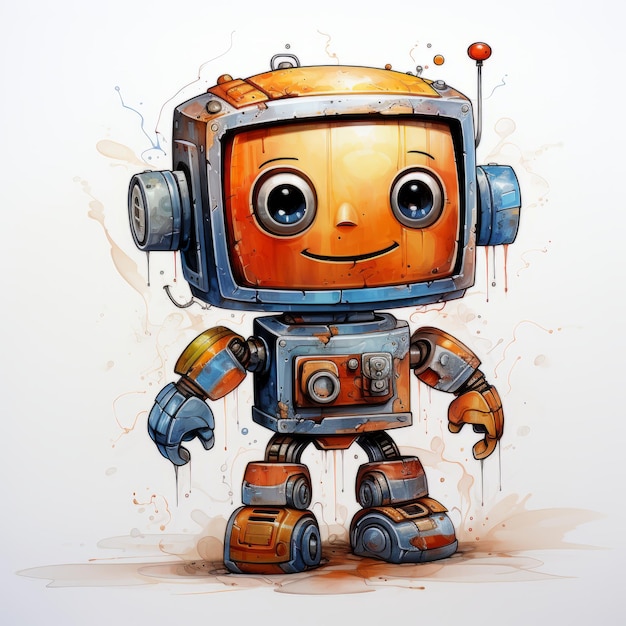 Foto affascinante giocattolo robot dei cartoni animati con illustrazione rustica con macchie di vernice