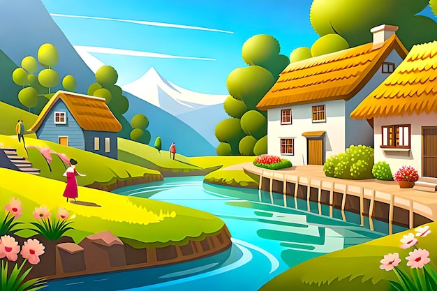 Charming cartoon village landscape background with cozy cottages and thatched roofs