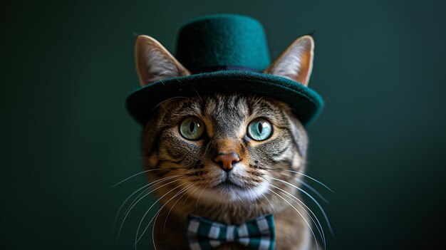 Charming Cat in Festive Green Hat and Bow Tie Elegant Pet Portrait