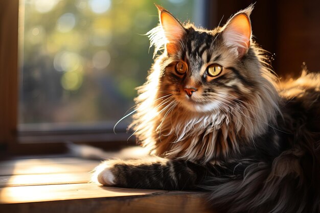 写真 輝く目と滑らかな毛皮を持つ魅力的な猫が日差しに晒されています ⁇