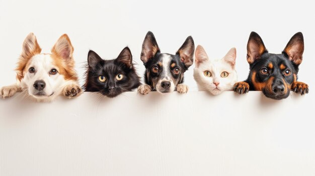 Charming cats and dogs peek over white web banner