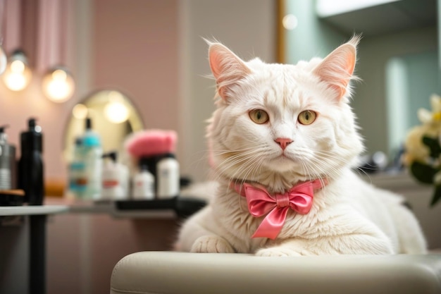 魅力的なキャラクターの可愛い白い猫と彼の首にピンクの弓がグルーマー美容室に来た