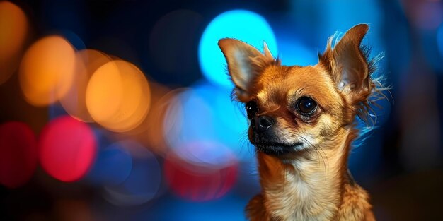 Фото Очаровательная чихуахуа с кудрявыми волосами на городской улице ночью концепция фотографии домашних животных ночная съемка в городской обстановке портрет собаки чихуаву с кудрудными волосами