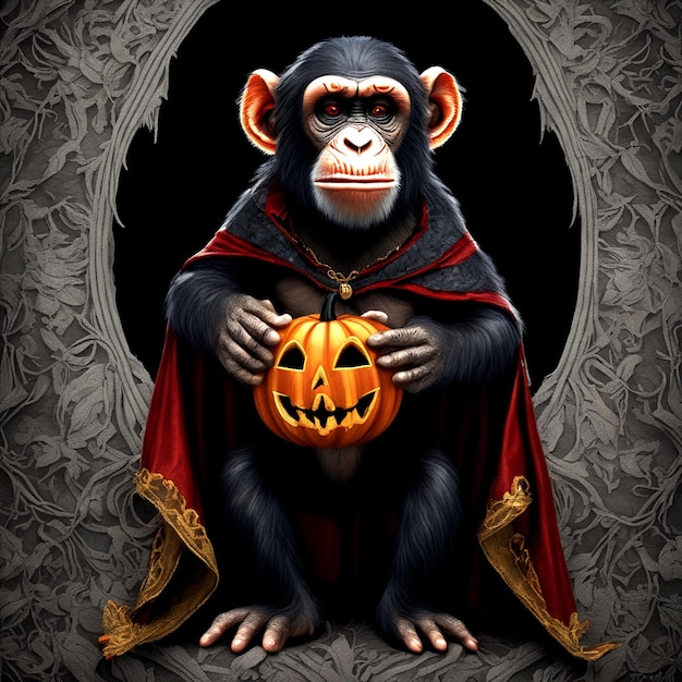 Очаровательный шимпанзе развлекается на Хэллоуин с замысловатыми деталями