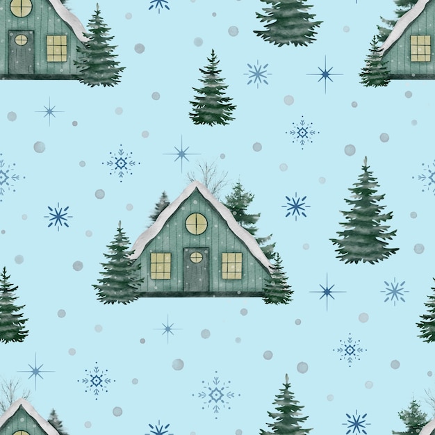 charming christmas seamless pattern cozy forest houses with festive ornaments and snowy trees