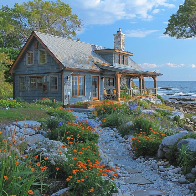 Photo charming coastal cottage with stone path to the beach