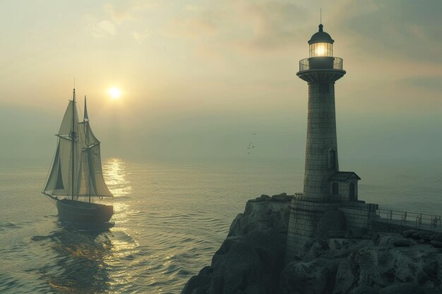 Charming coastal lighthouses guiding ships at sea