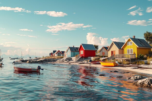 Photo a charming coastal town with colorful beach huts o