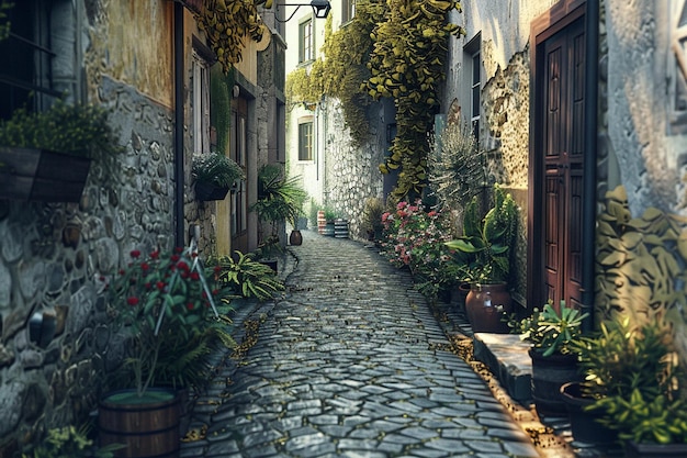 A charming cobblestone alleyway in a historic town