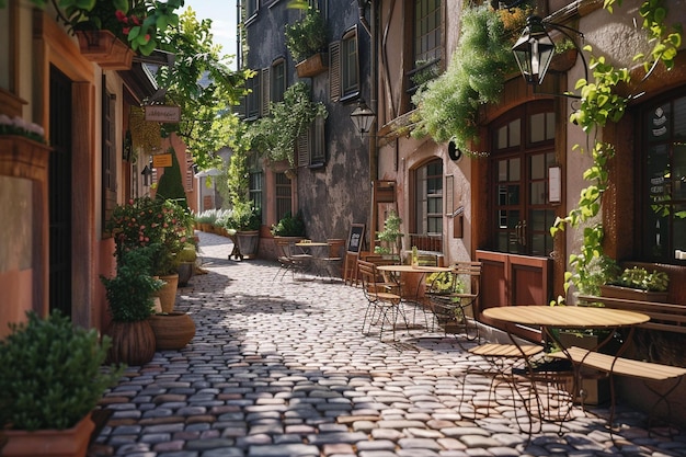 Charming cobblestone alleyway lined with cafes oct